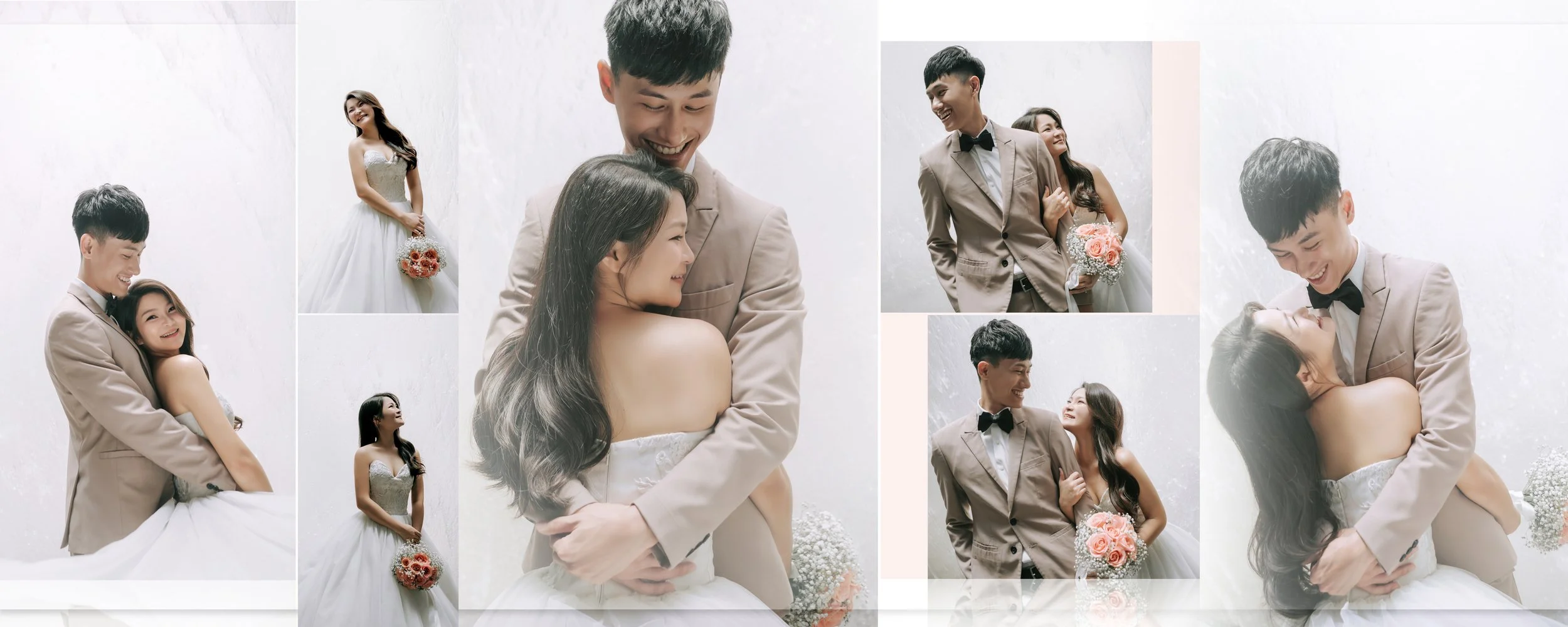 Series of wedding photos showing a happy bride and groom in various poses, including embracing and smiling, with a white textured background, the bride holding a bouquet of pink and white roses.