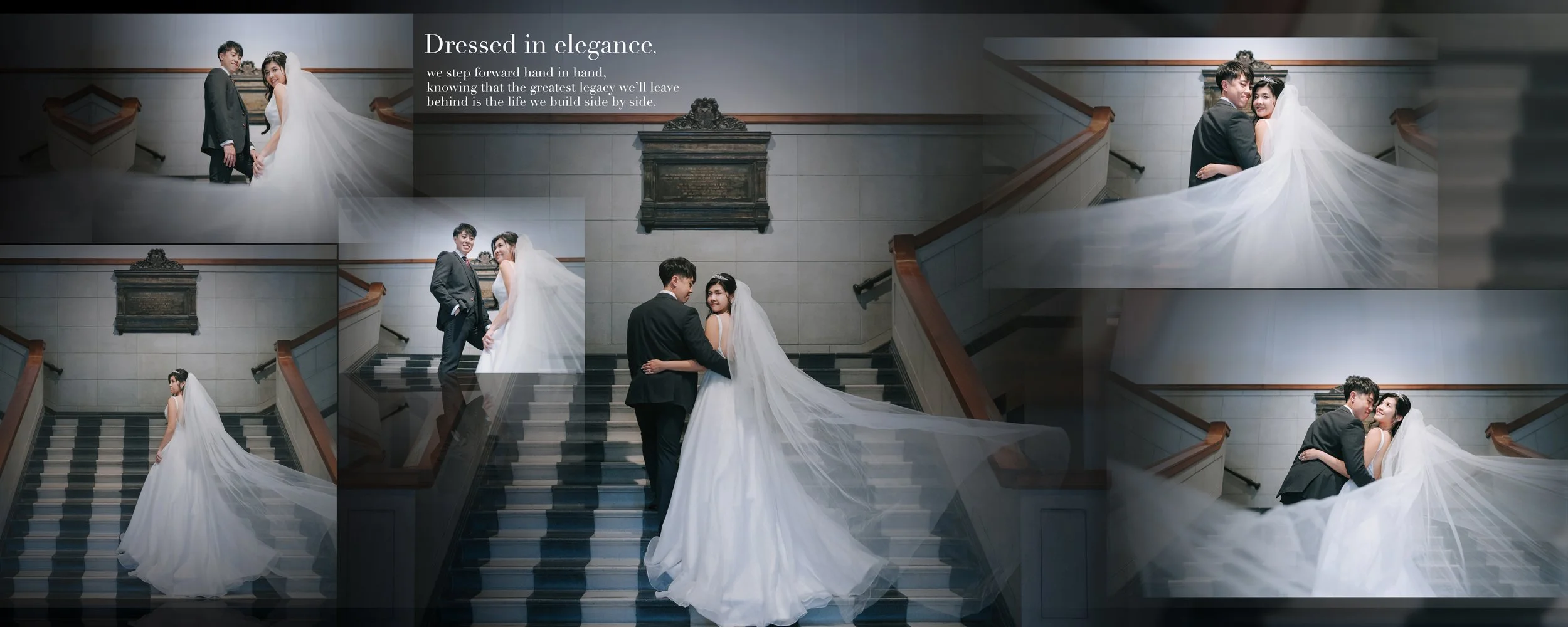 A collage of six wedding photos showing a bride and groom in a grand staircase setting, with the bride wearing a white gown and veil, and the groom in a black suit. Some images capture them holding hands, embracing, and smiling at each other. There i