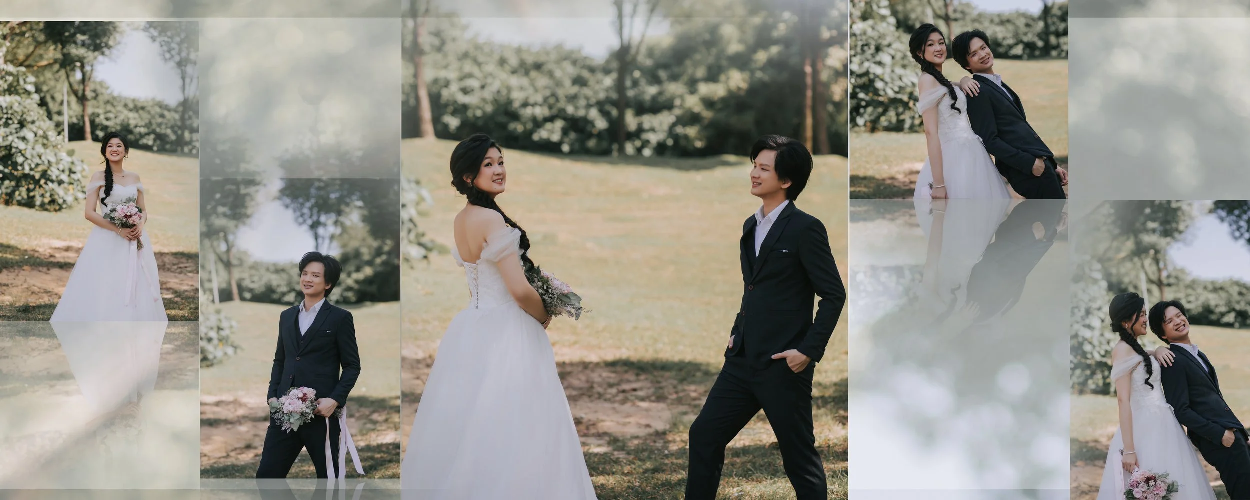 A wedding photoshoot outdoors featuring a bride in a white wedding dress holding a bouquet of pink and white flowers, and a groom in a black suit. They are smiling and posing in a park with trees and sunlight.