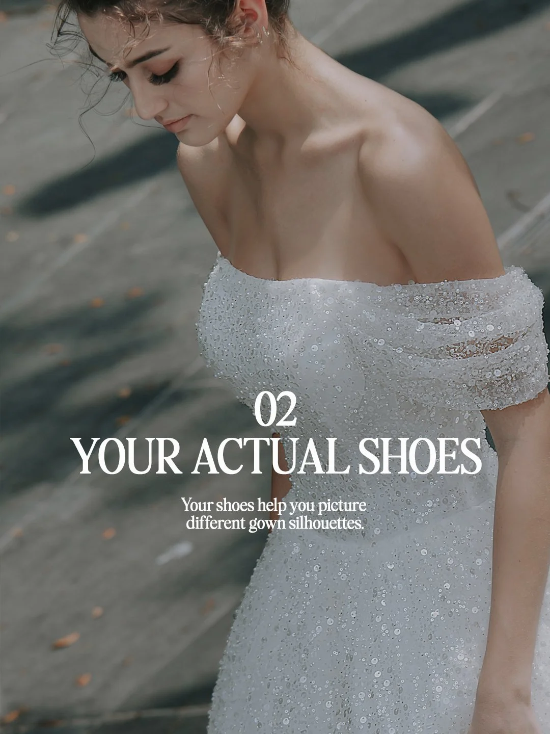 Close-up of a sequinned off-shoulder wedding gown bodice, bring your actual shoes to your fitting