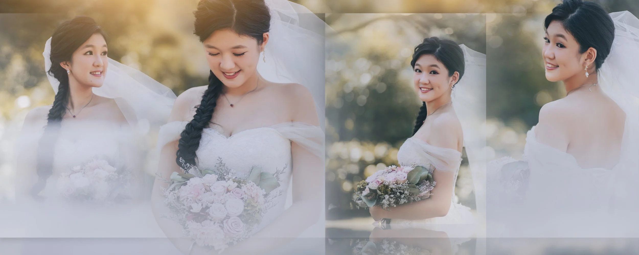 Three women in wedding dresses outdoors, holding bouquets, with sunlight filtering through trees in the background.