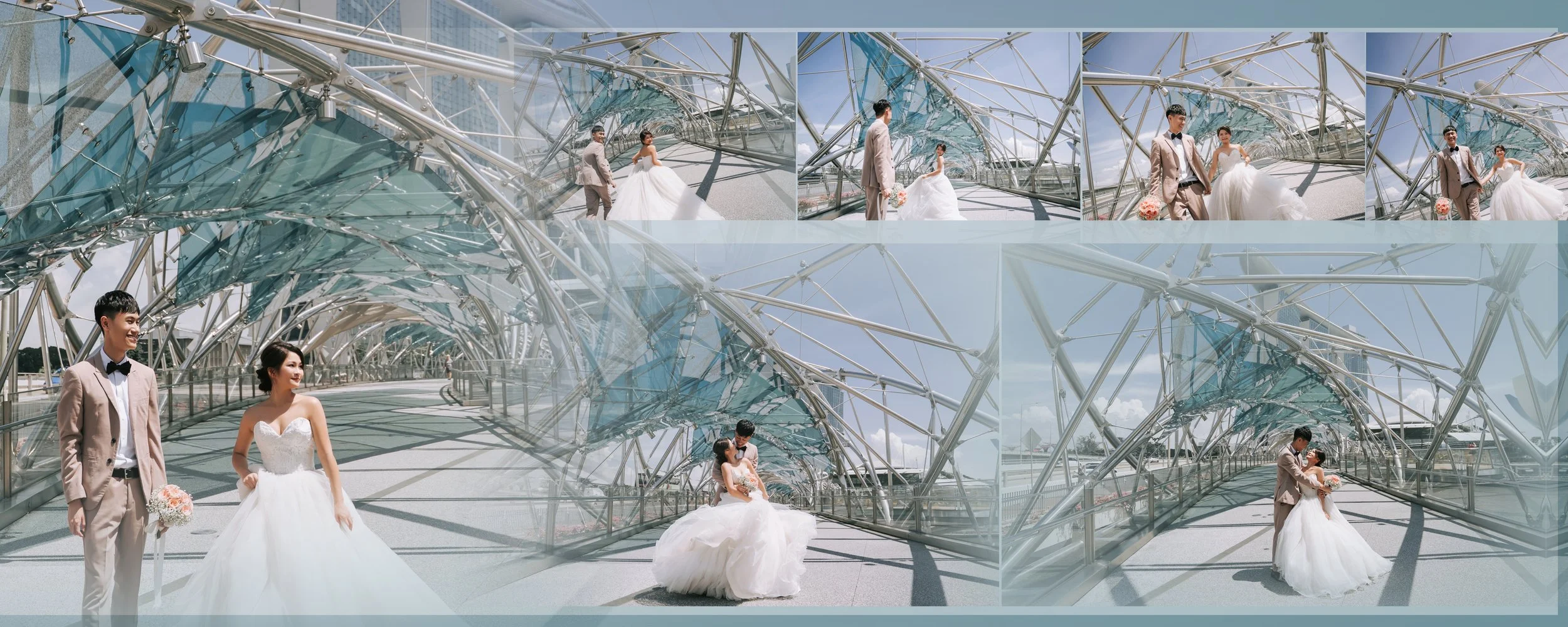 A montage of photos of a bride and groom at a modern architectural structure with metallic and glass elements. The couple is dressed in wedding attire, with the bride in a white gown and the groom in a beige suit. They are shown in various poses, inc