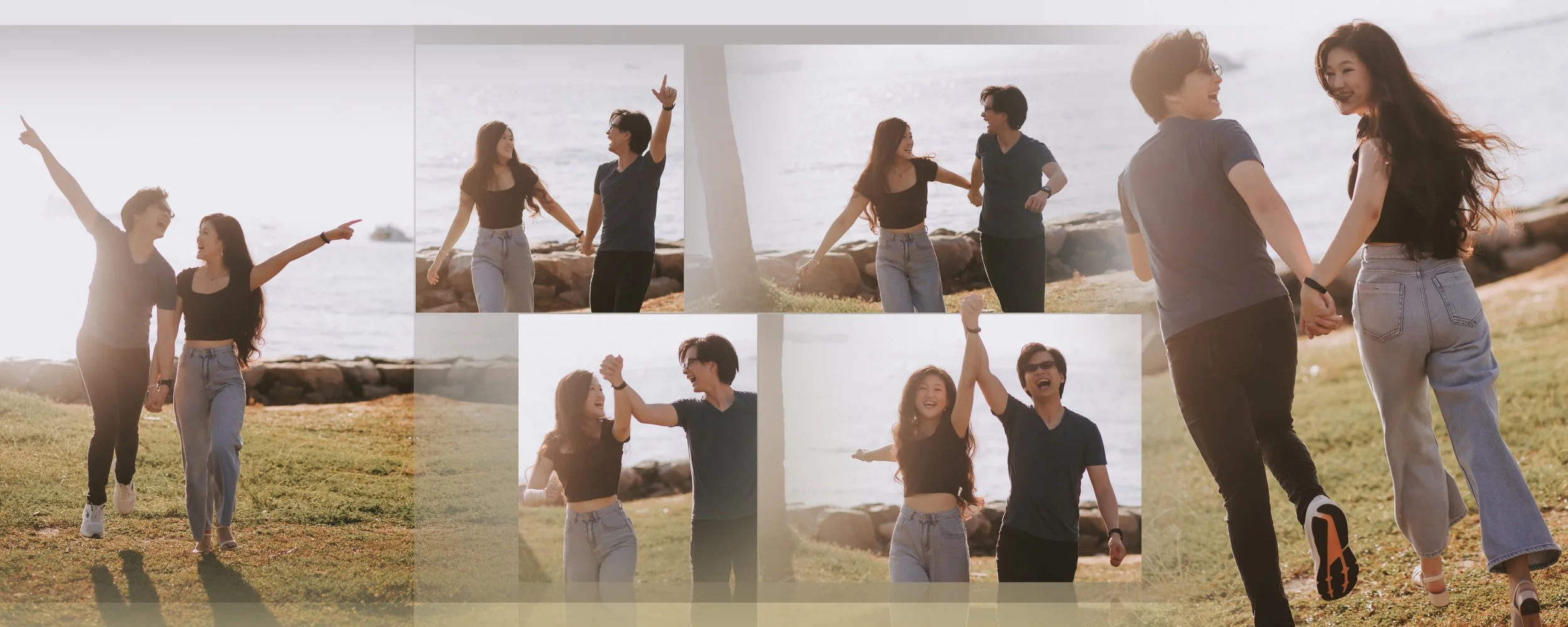 Two young women and a young man enjoy a day at the beach, walking and holding hands, with the ocean in the background, smiling and laughing together.