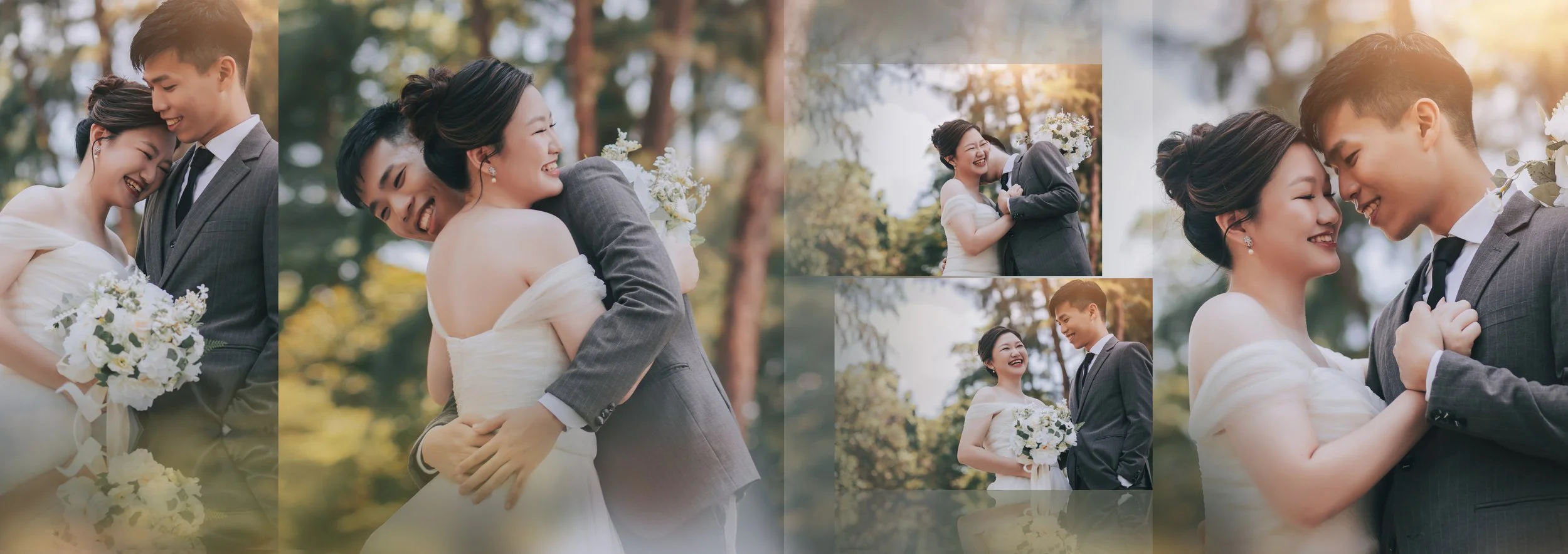 Collage of wedding photos featuring a couple embracing and smiling outdoors in a park with trees, holding flowers and in wedding attire.