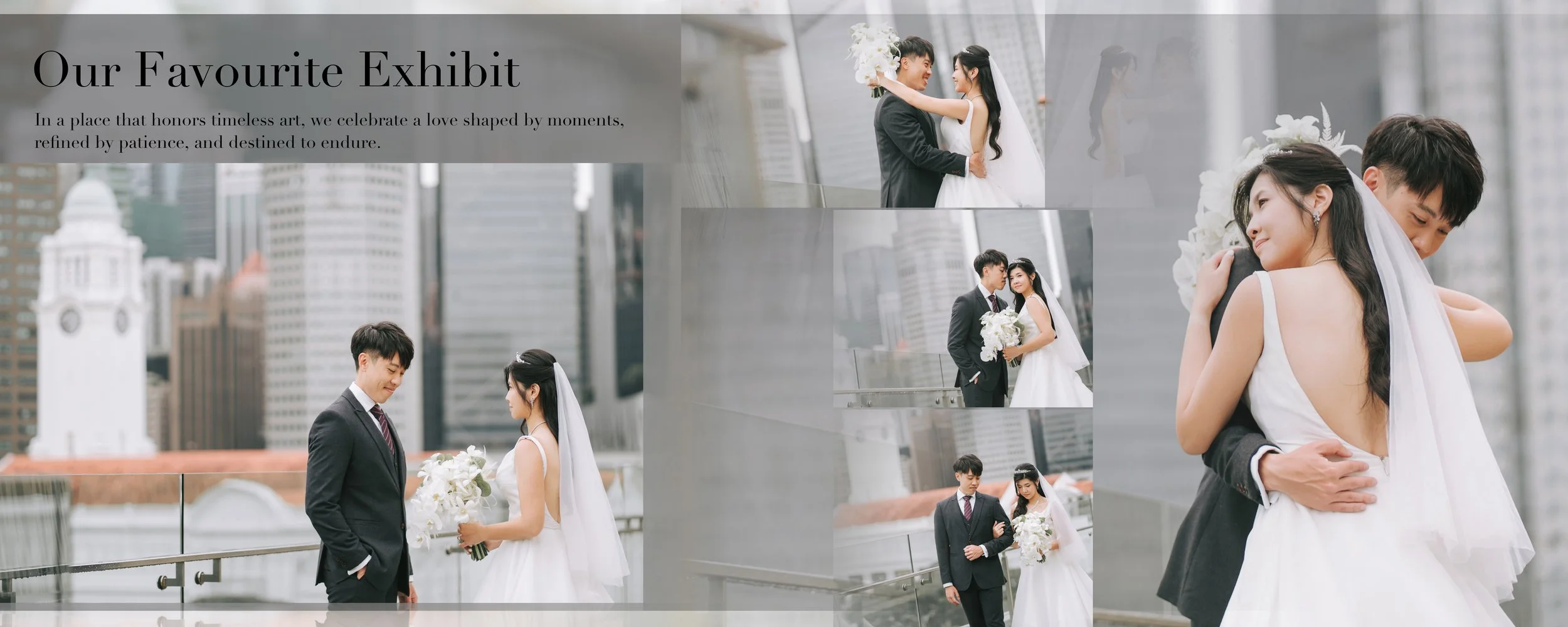 Collage of wedding photos featuring a bride and groom in a cityscape with tall buildings, showcasing moments of their wedding day including embracing, walking, and smiling with city skyline background.