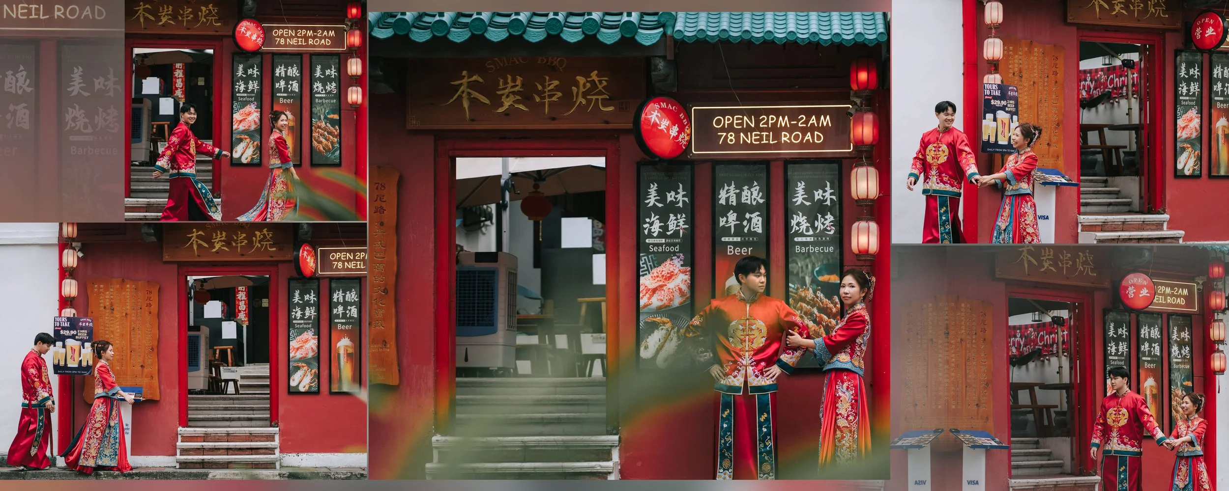 Multiple photos of two people dressed in traditional Chinese clothing standing outside a restaurant with red walls, lanterns, and signs advertising seafood, beer, and barbecue, in front of 78 Neil Road.