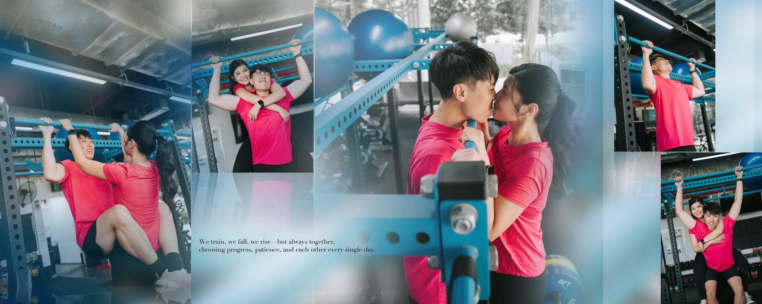 Collage of fitness activities with a young couple at a gym, including lifting weights, hugging, and conversing, all wearing matching pink shirts, with a quote about training and support.
