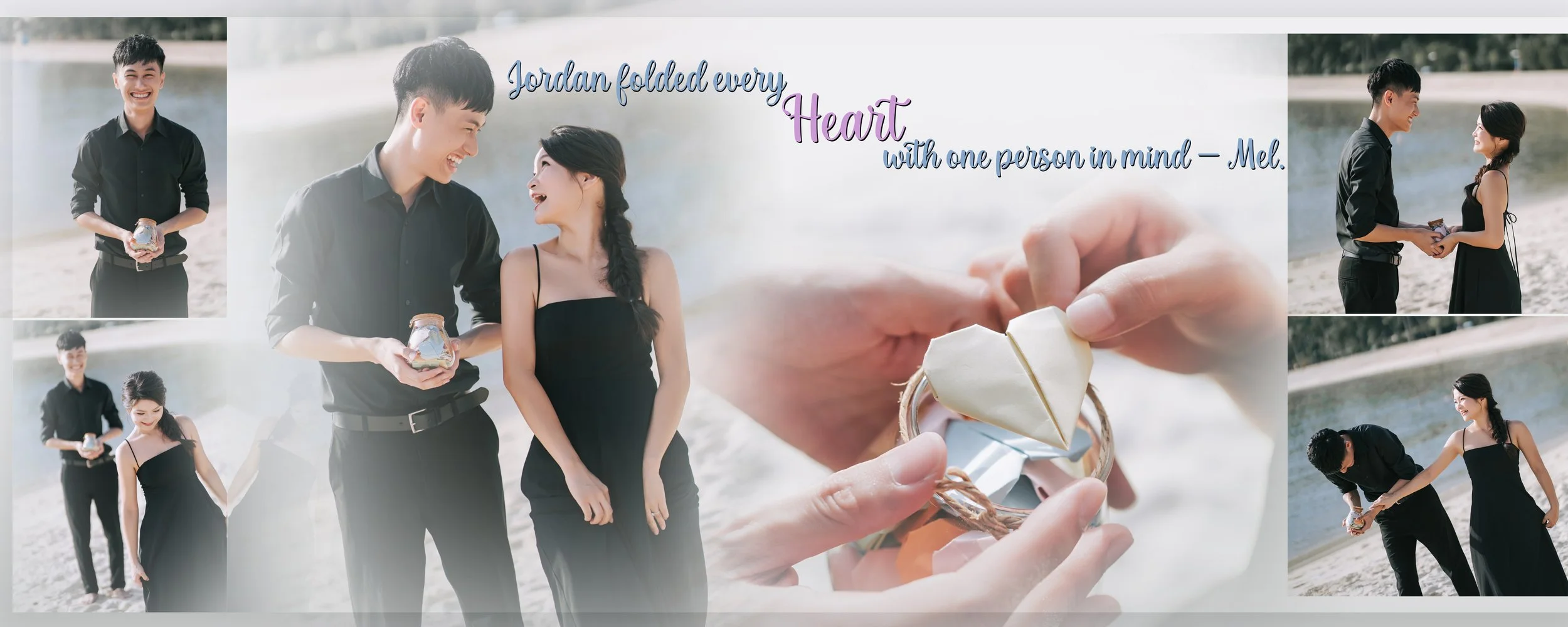 A collage of a young couple exchanging gifts at the beach. The man is dressed in a black shirt and pants, holding a small jar, and the woman is in a black dress. They smile and share a moment together. There is a close-up of a hand holding a small ba