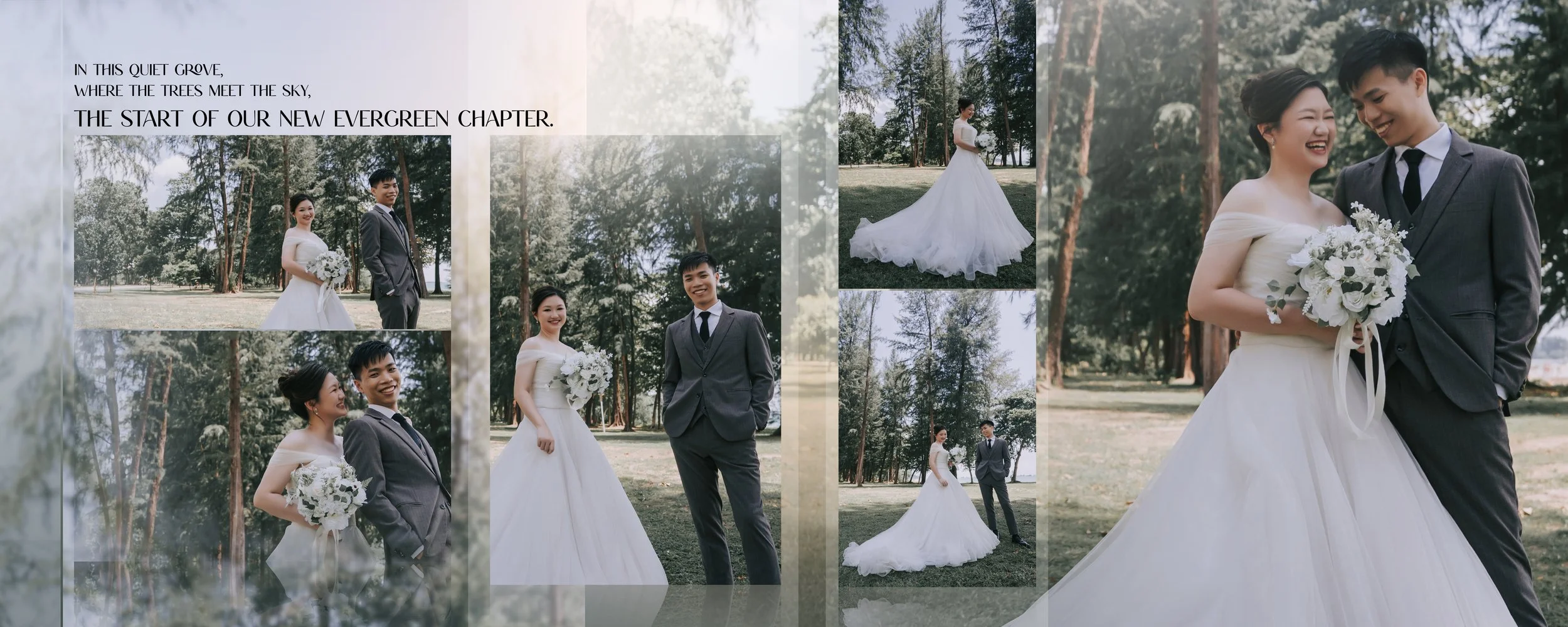 Wedding photos of a couple in a park with trees, featuring the bride in a white gown holding a bouquet and the groom in a gray suit. Various shots include the couple smiling and walking together.