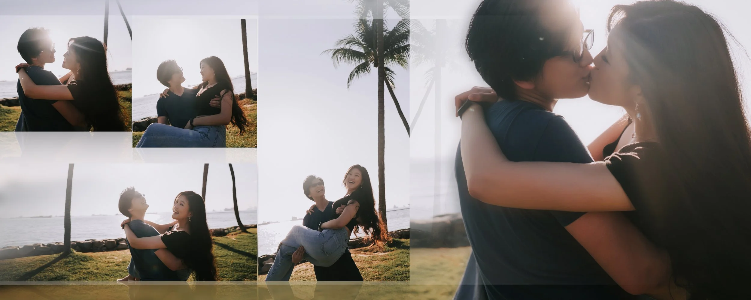 Two women embracing and sharing a kiss on a sunny day at the beach with palm trees in the background.