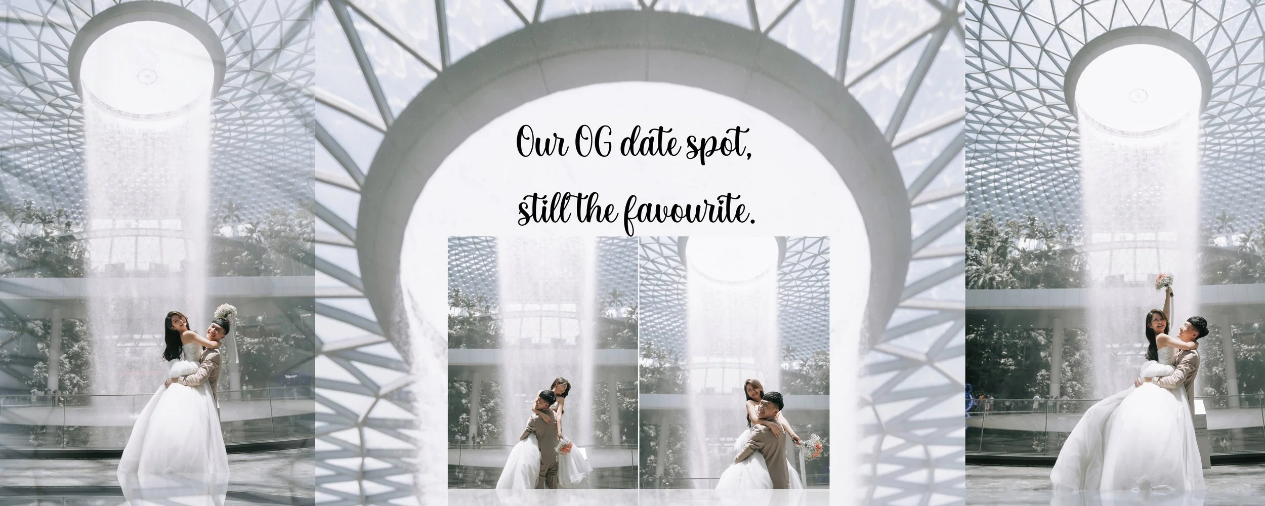 A bride and groom pose underneath a large indoor waterfall at a modern architectural venue, with a circular skylight overhead, and the bride holding a bouquet of flowers.