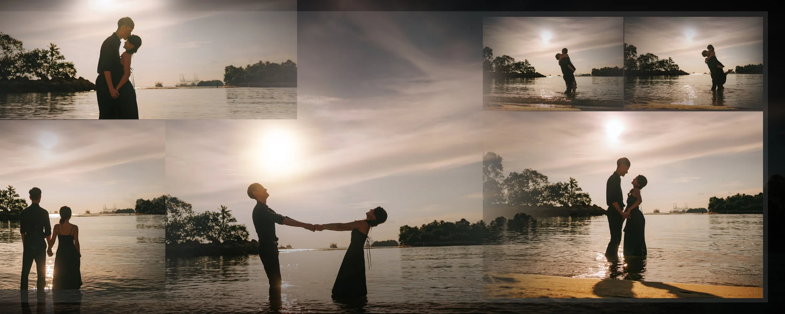A romantic couple standing in shallow water at sunset, embracing and gazing into each other's eyes, with their shadows cast on the wet sand, and a person holding hands with a woman, pulling her away from the water while the man looks on, in a series 