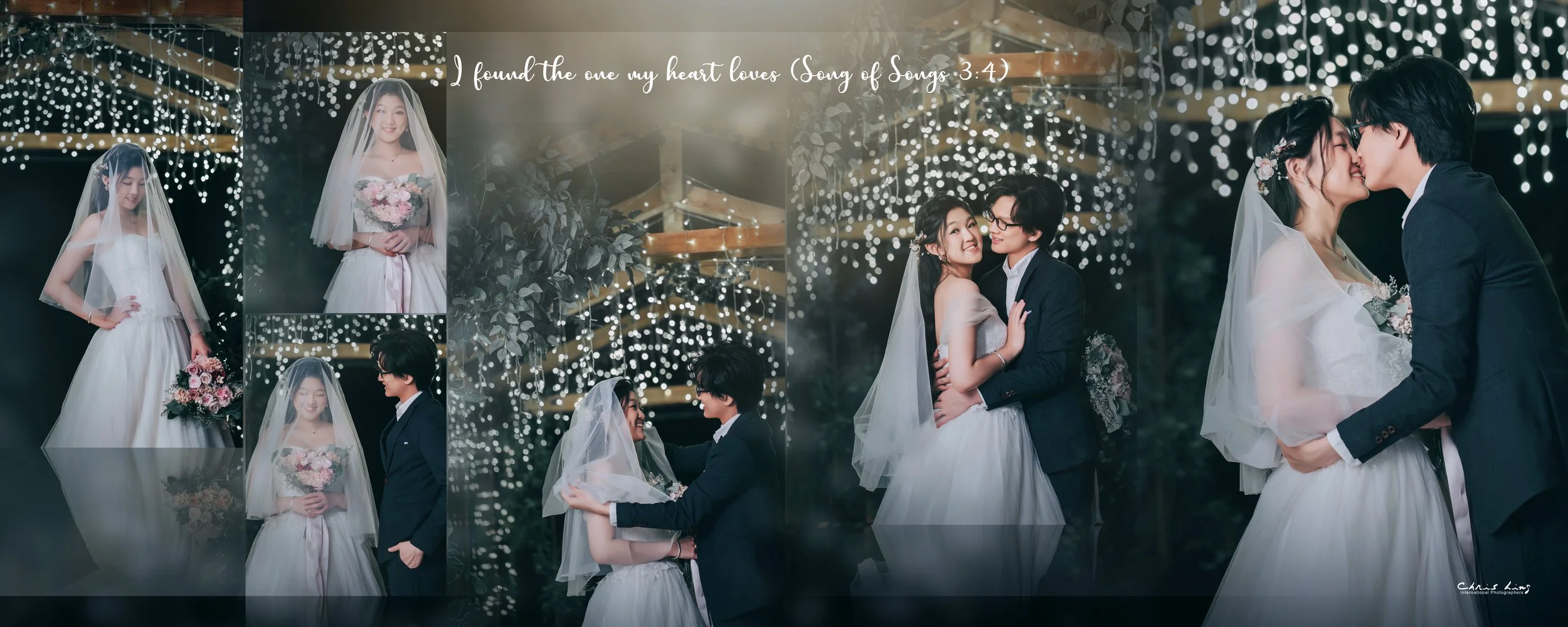 A collage of wedding photos featuring a bride in a white dress and a veil, and a groom in a black suit, under decorative string lights. The couple is seen embracing, smiling, and sharing a kiss outdoors, with various shots of the bride holding a bouq