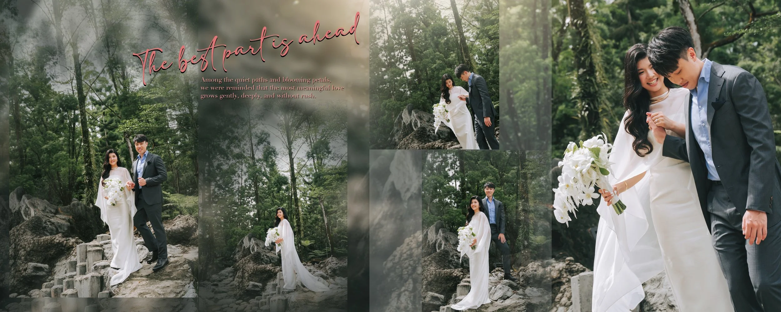 A wedding photo collage featuring a bride and groom in a lush green outdoor setting, with trees and rocks, and a quote in pink and red cursive text that reads, "The best part is ahead" and a smaller paragraph about love.