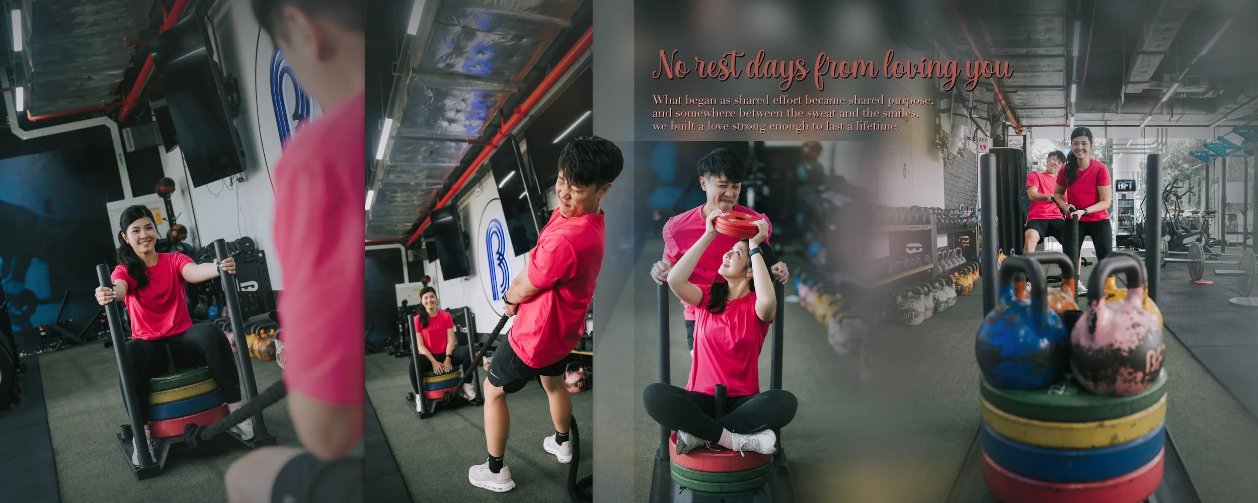 Four photos of young people working out at a gym, lifting kettlebells, and holding weights, with decorative text overlay that says, 'No rest days from loving you' and a heartfelt message about shared effort and love.
