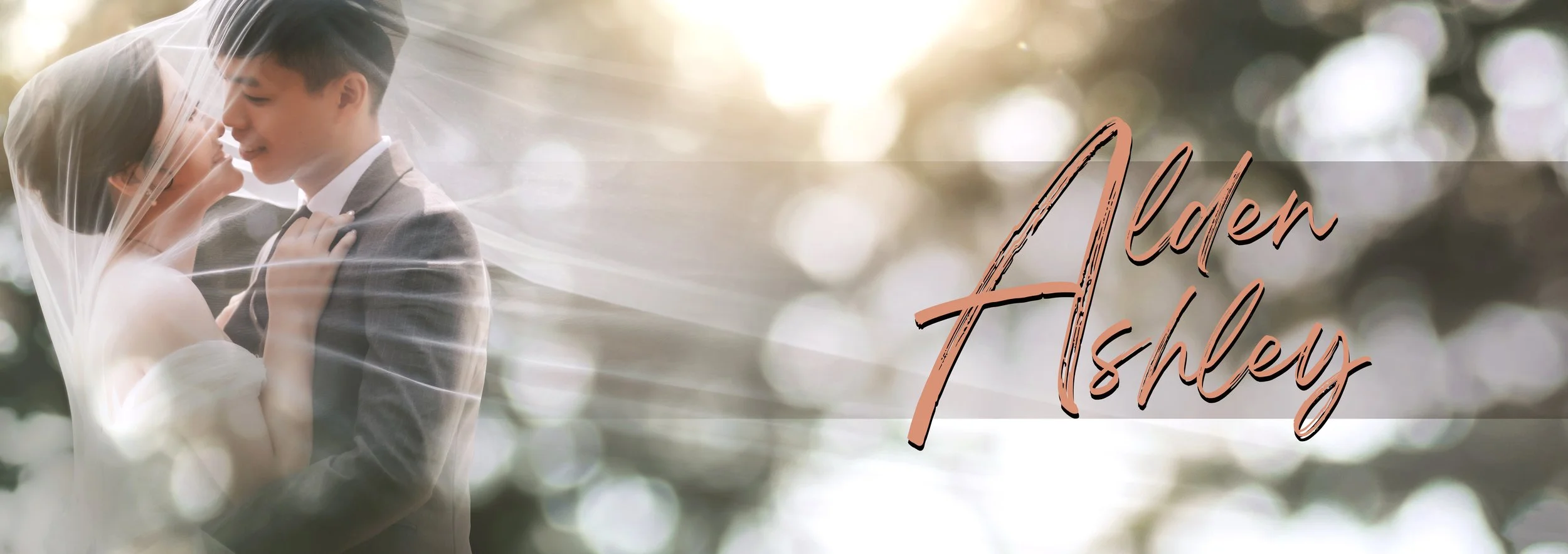 A bride and groom on their wedding day, standing close and smiling at each other, with sunlight and blurred trees in the background, and the words "Alden Tishley" written in stylish script.