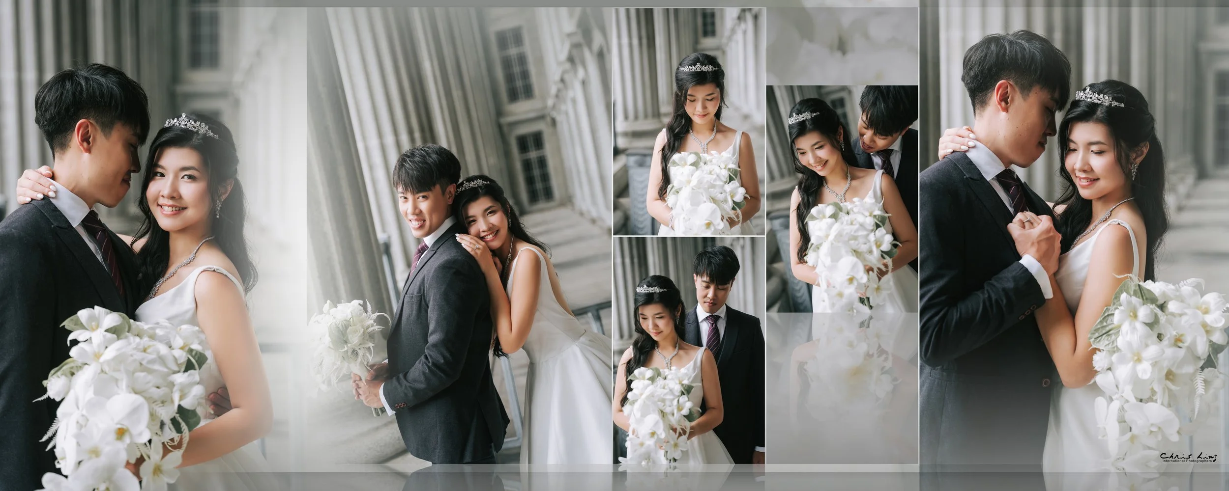 A collage of wedding photos featuring a bride and groom in formal attire, with a classical architecture background. The bride has long dark hair, a tiara, and a bouquet of white flowers. The groom has short dark hair, a dark suit, and a striped tie. 