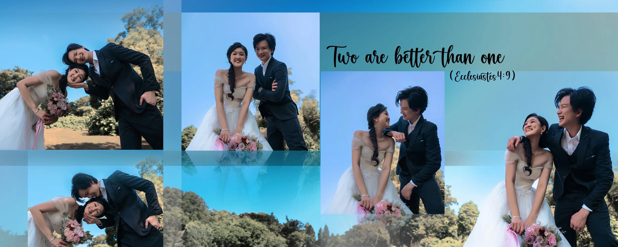 Collage of wedding photos featuring a bride and groom in outdoor setting, smiling and interacting, with a quote from Ecclesiastes 4:9 that reads "Two are better than one."