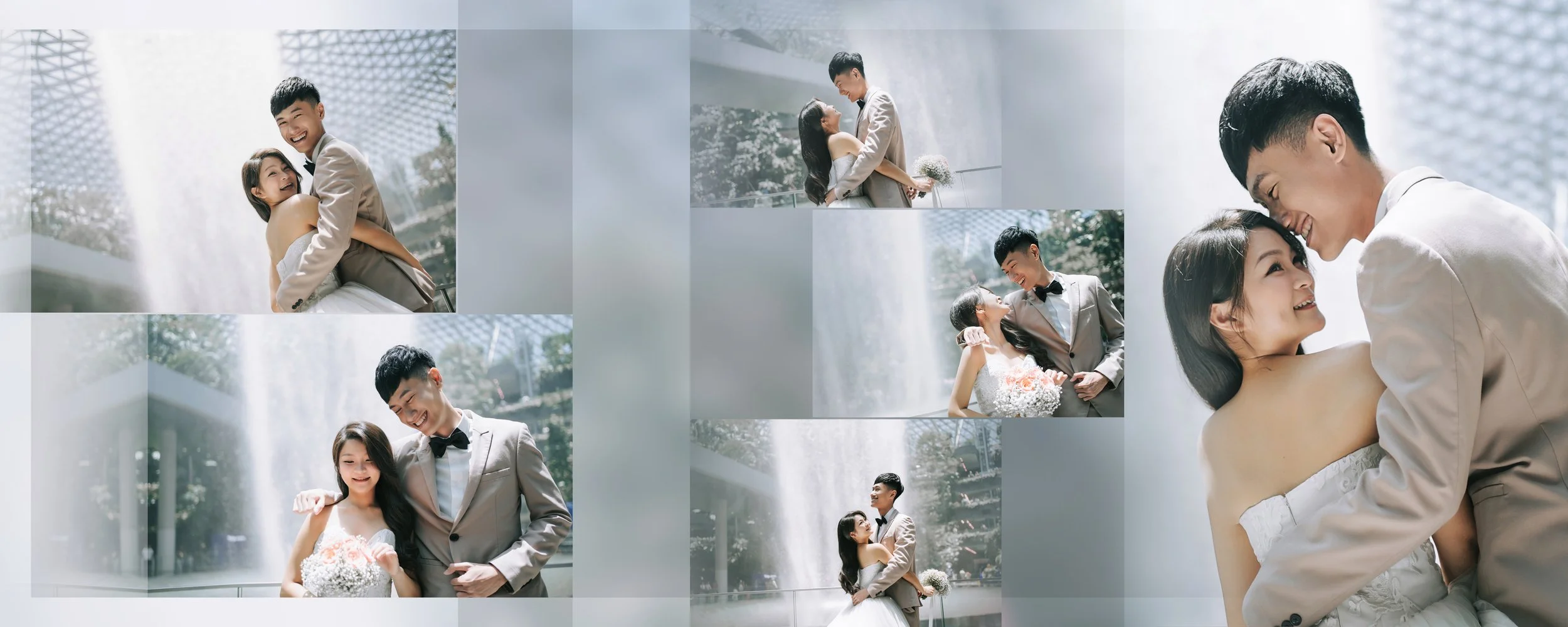 A collage of wedding photos of a happy couple in front of a modern architectural background with a fountain, during daytime. The couple is wearing formal wedding attire, smiling and embracing each other in various poses.
