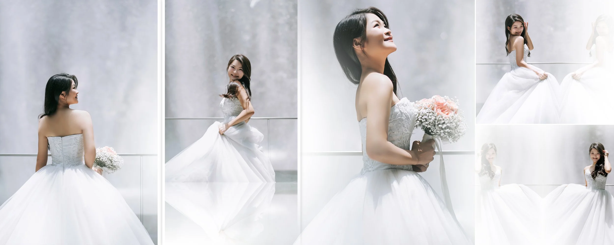 A collage of five photos of a woman in a wedding dress holding a bouquet of flowers, posing and smiling in front of a neutral background.