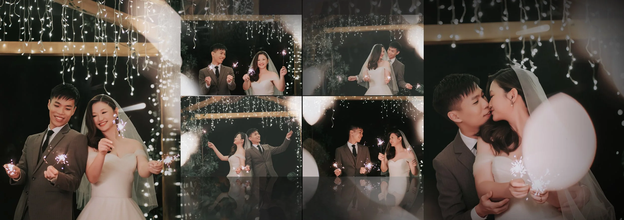 A collage of seven photos of a bride and groom celebrating their wedding at night, surrounded by fairy lights, holding sparklers, and sharing a kiss.