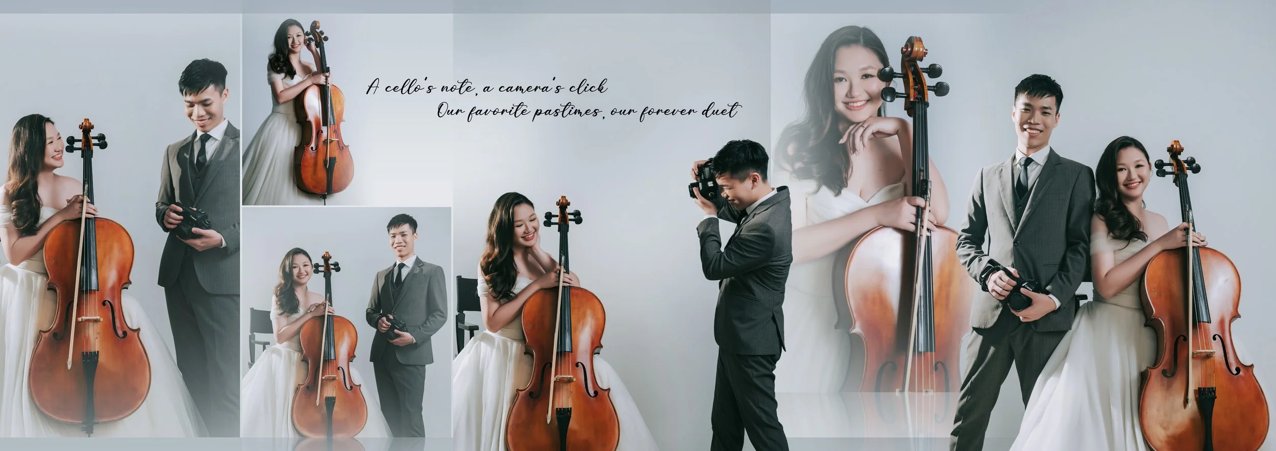 A collage of four images featuring a woman in a white dress and a man in a gray suit with a black tie, with a cello. The woman is holding the cello in some images, and the man is posing with a camera. There is handwritten-style text that reads: 'A ce