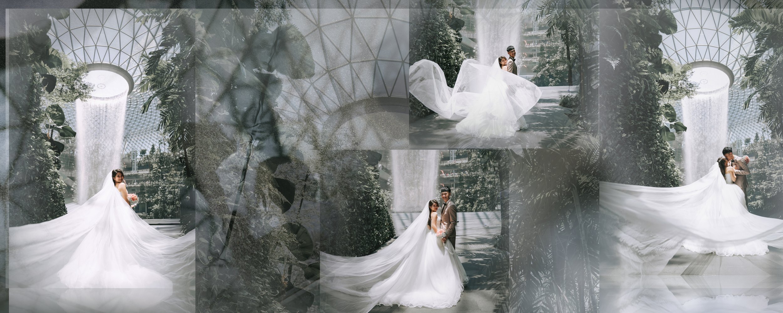 Collage of wedding photos featuring a bride in a white gown with a long train and a groom in a suit at an indoor botanical garden with waterfalls and lush greenery.