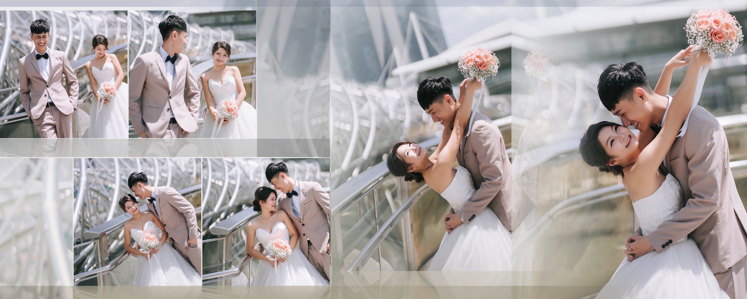A wedding couple on a modern, artistic bridge. The bride in a white gown holding a bouquet, and the groom in a beige suit with a black bowtie, sharing joyful moments and embracing.