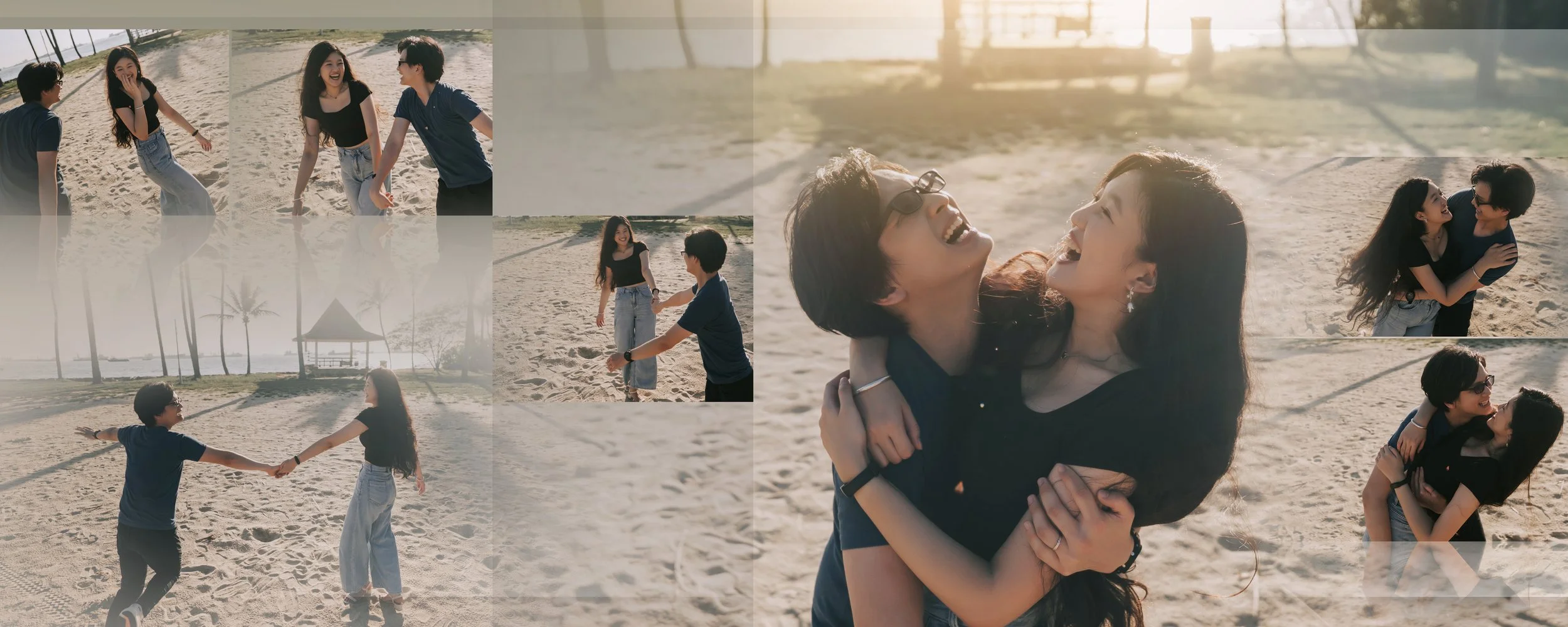 A collage of images showing a young couple at the beach. They are playing, hugging, and sharing joyful moments in the sandy area with palm trees and a gazebo in the background.