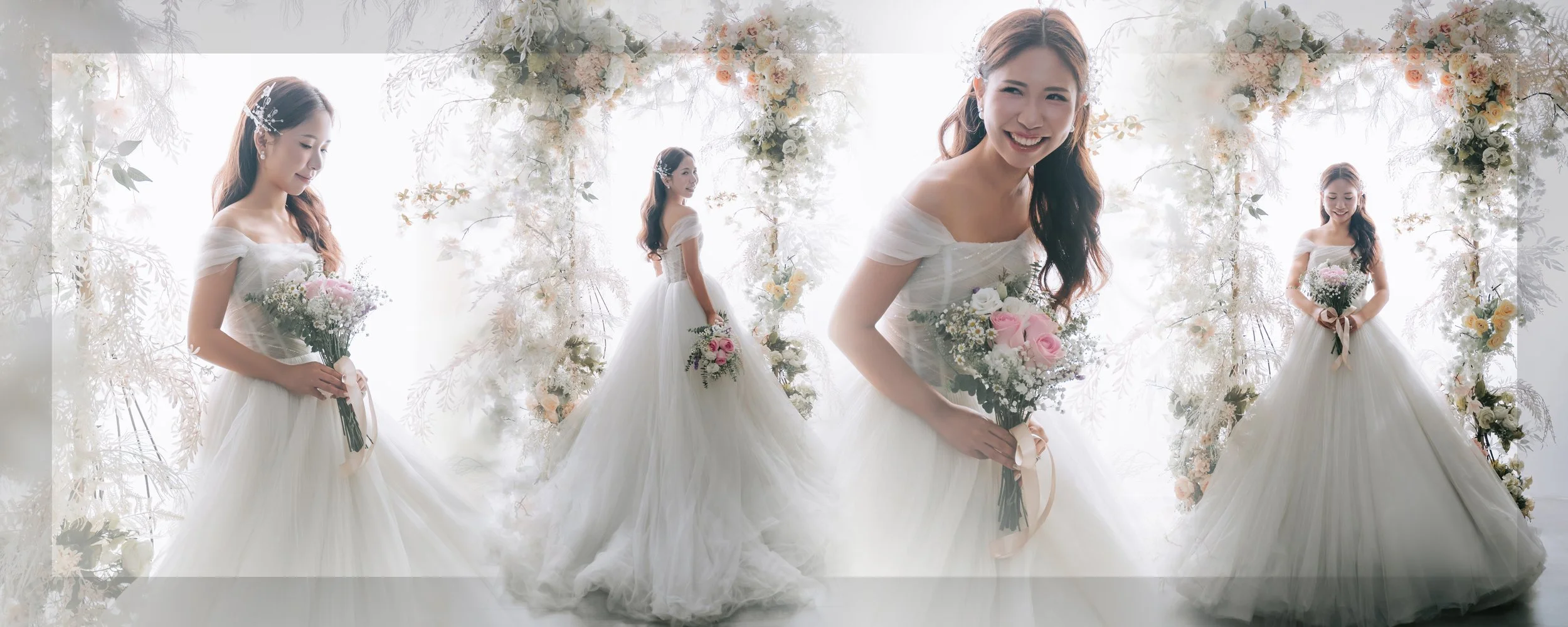 A collage of four photos of a woman in a wedding dress holding a bouquet, standing among floral decorations, with a white background.