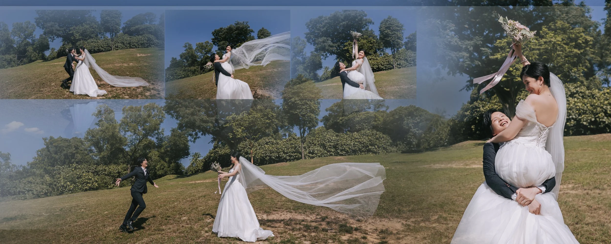 A bride and groom in a grassy park, celebrating their wedding with joyful poses. The bride is holding a bouquet and has a long veil, smiling as she is lifted by the groom, while they laugh and enjoy the outdoor setting with trees and blue sky.