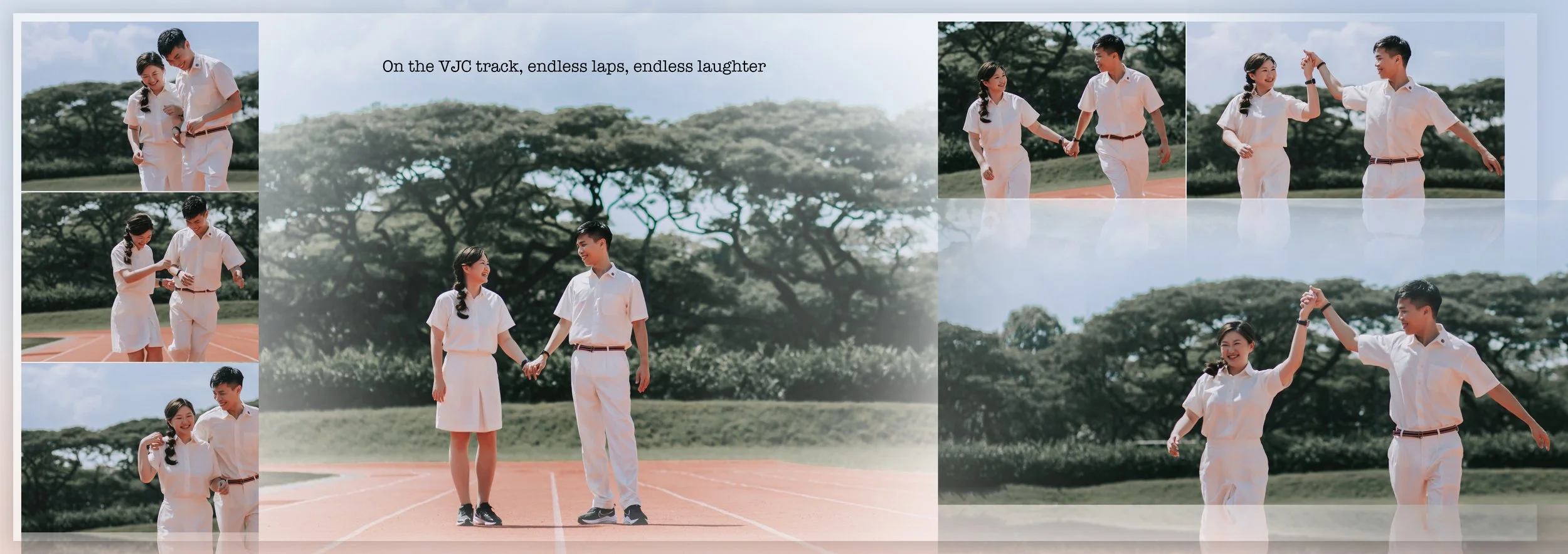 A young man and woman in white outfits, holding hands and smiling as they walk on a running track outdoors, surrounded by trees under a clear sky.