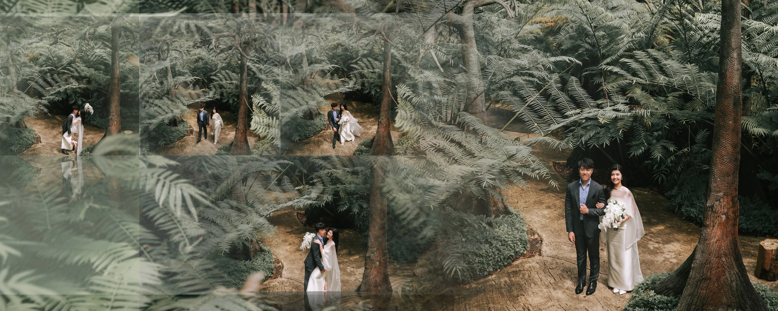 A bride and groom posing in a lush, green forest, with images of their wedding moment overlaid.