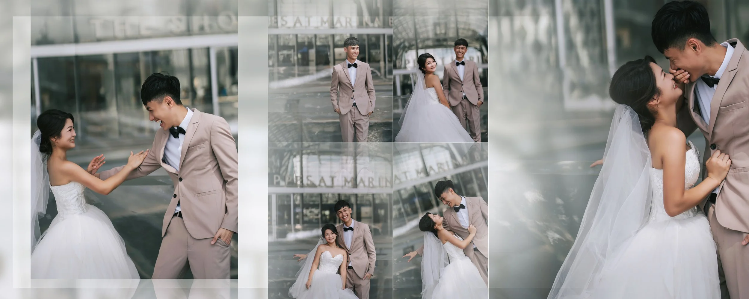 Wedding photos of a couple in formal attire, with the bride in a white wedding gown and veil, and the groom in a beige suit and bow tie, taken outdoors near an urban architectural setting.