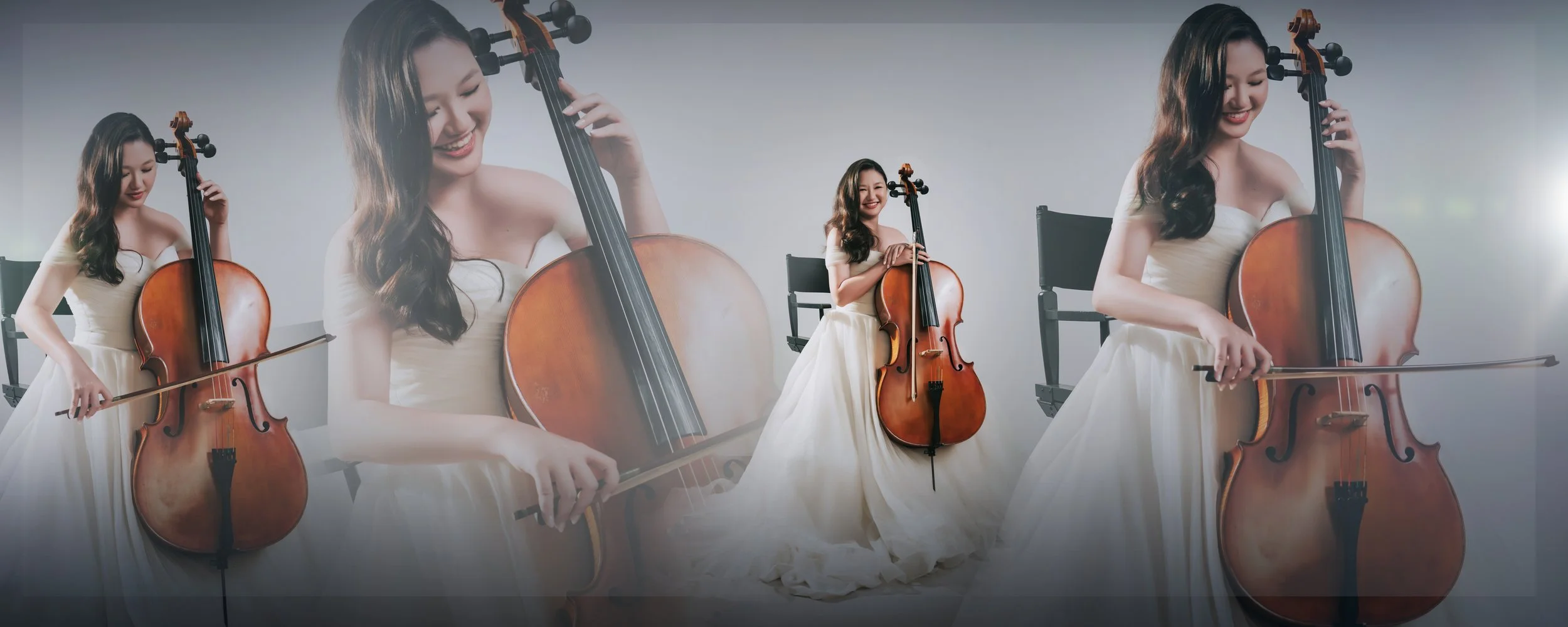 A collage of four images of a woman in a white dress playing a cello with a bow, smiling and looking down, set against a neutral background.