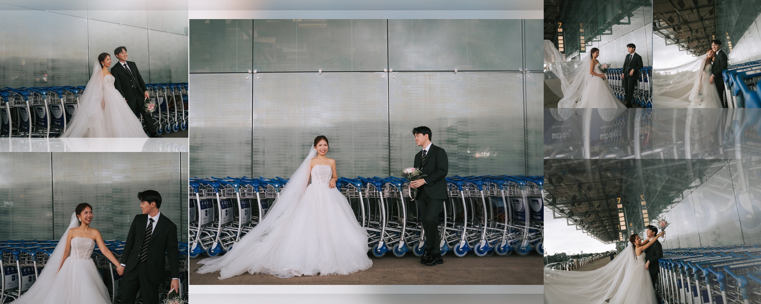 Wedding couple in wedding dress and tuxedo posing at an airport with luggage carts and glass wall background.
