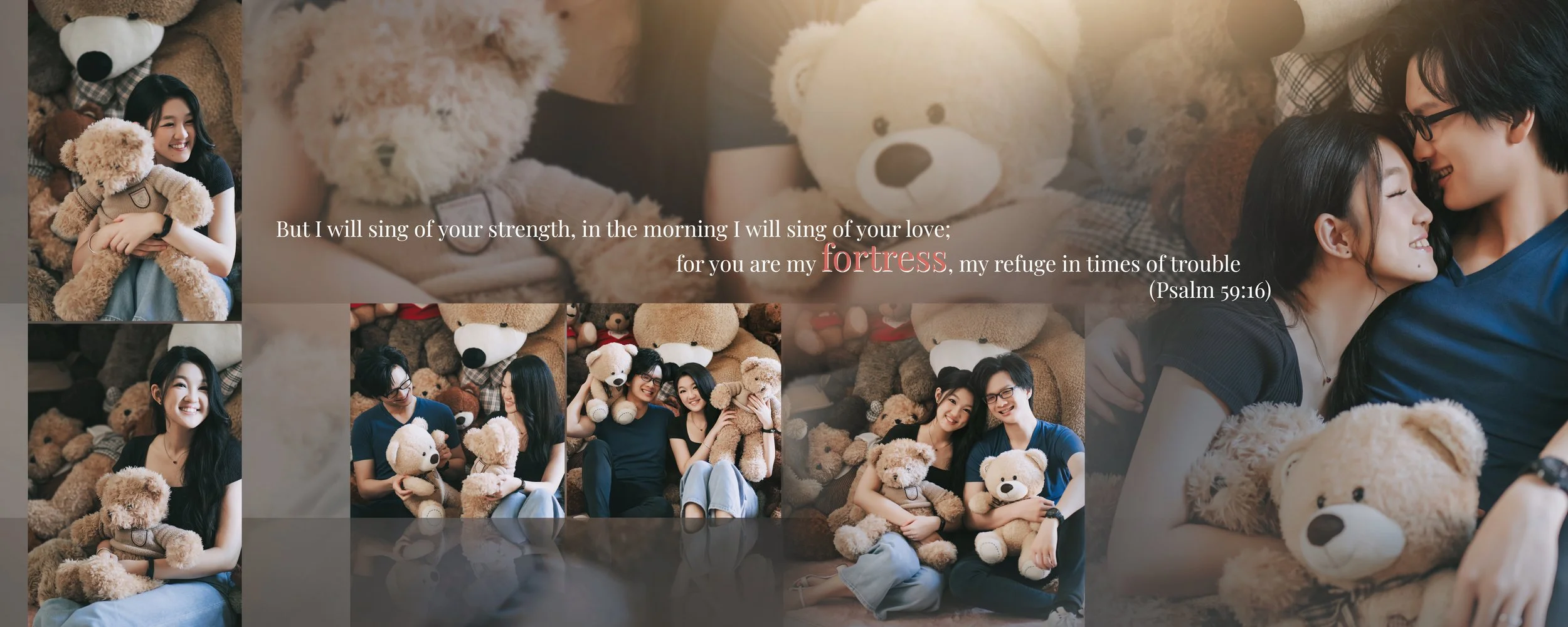 A collage of a young woman and a young man with teddy bears, smiling and hugging, with a Bible verse from Psalm 59:16 overlayed.
