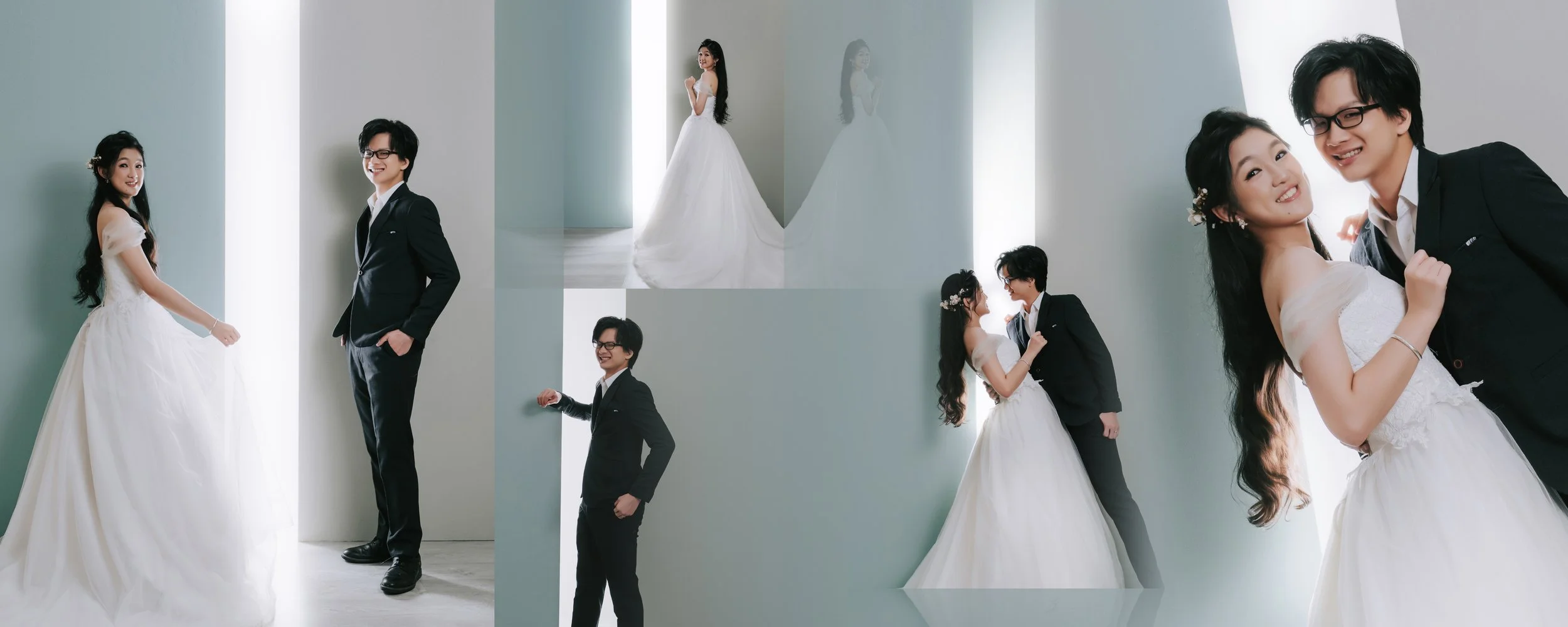 A collage of wedding photos featuring a bride in a white gown and a groom in a black suit, posing in a modern indoor setting with white and grey walls.