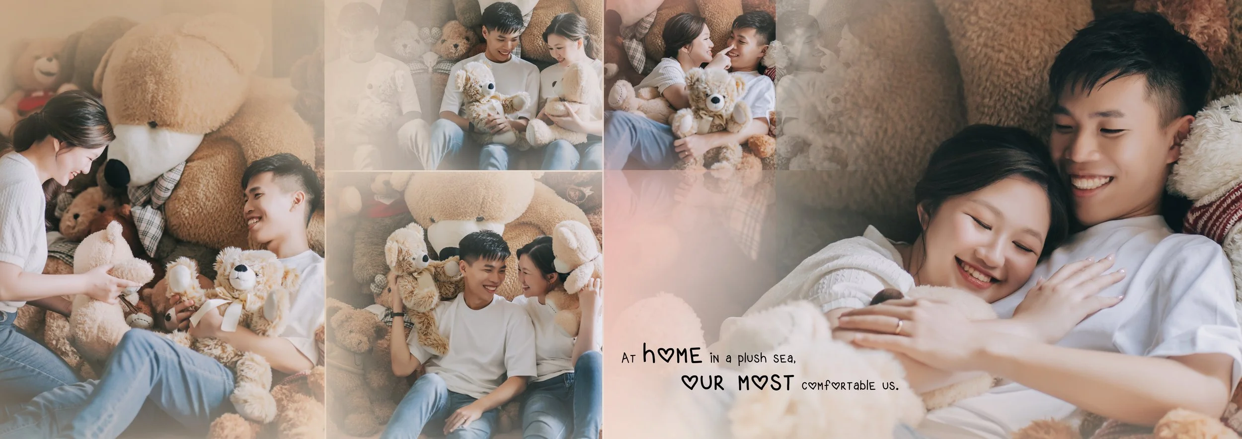 A collage of four photos showing a young couple surrounded by teddy bears and plush toys, enjoying playful and affectionate moments at home.