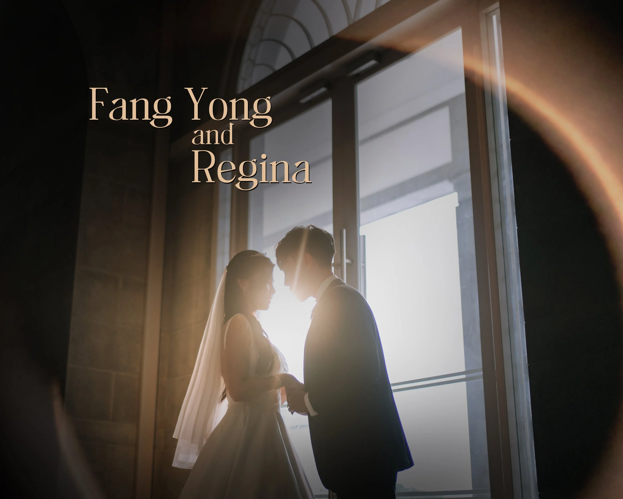 A couple in wedding attire standing close together by a large window, backlit by bright light, with the bride wearing a veil and the groom in a suit, holding hands.