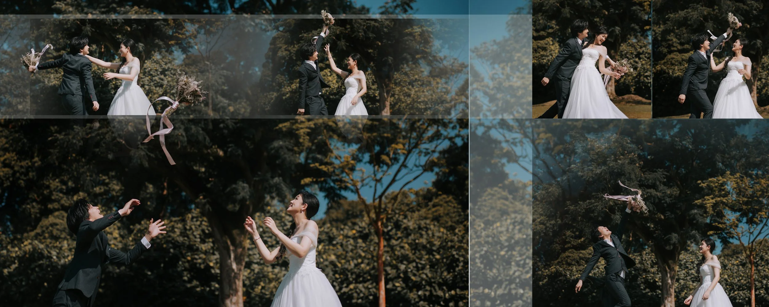 Wedding couple in formal attire in a park, with one person throwing a bouquet and the other catching it, during daytime.