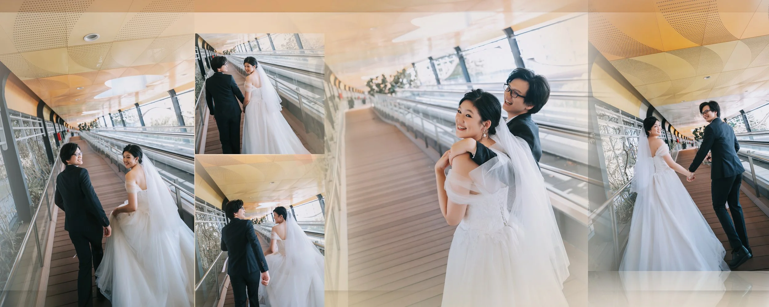 A collage of photos showing a wedding couple on a modern covered bridge or walkway, with the bride in a white wedding dress and the groom in a black suit, sharing happy moments and holding hands.