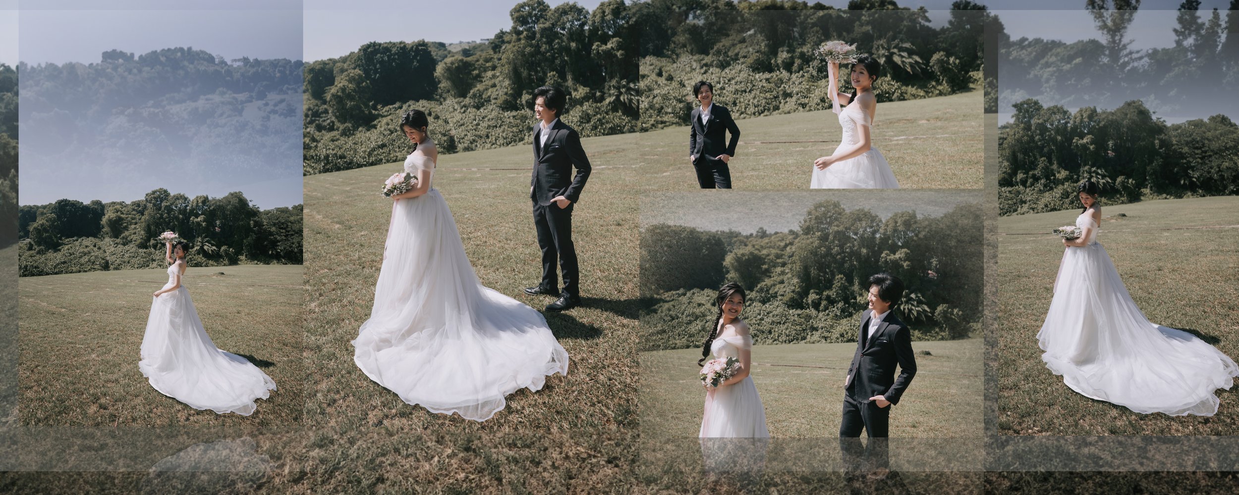 Series of wedding photos taken outdoors on a grassy hill with trees in the background, featuring a bride in a white off-shoulder wedding gown holding a bouquet and a groom in a black suit with a white shirt, smiling and posing for pictures.