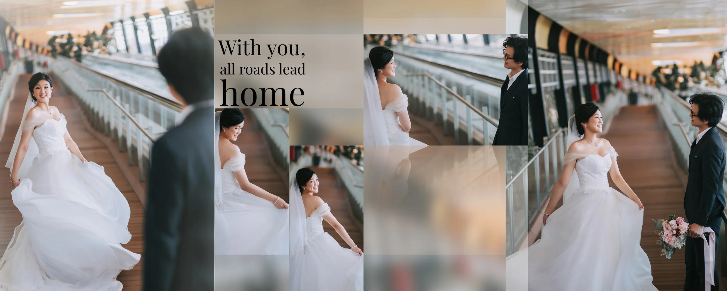 Wedding couple in formal attire on an indoor bridge, with a bride in a white wedding gown and a groom in a black suit, holding a bouquet of pink flowers, smiling at each other. Text overlay says "With you, all roads lead home."