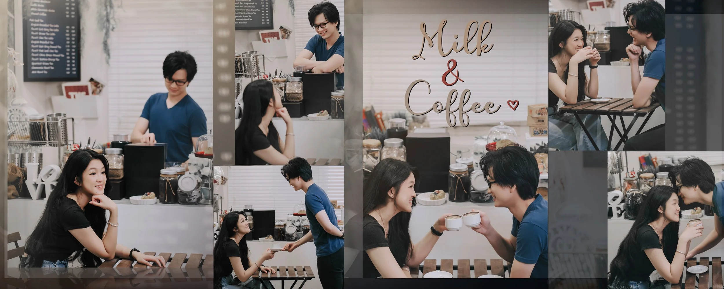 A collage of photos at a coffee shop with a sign that reads 'Milk & Coffee.' People are smiling, exchanging drinks, and enjoying conversation in the cozy environment.