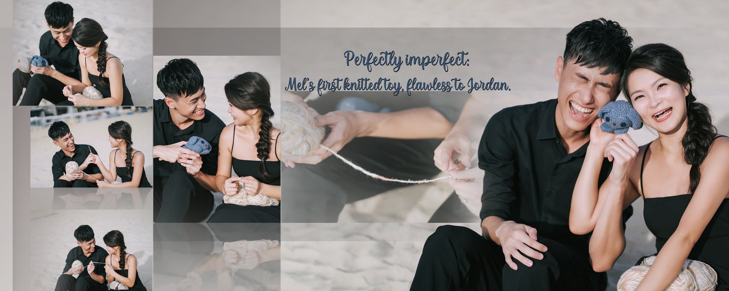 A collage of five images showing a man and woman at the beach exchanging and unwrapping a knitted teddy bear toy, with a text overlay that reads: "Perfectly imperfect: Mel's first knitted toy, flawless to Jordan." They are both smiling and dressed in