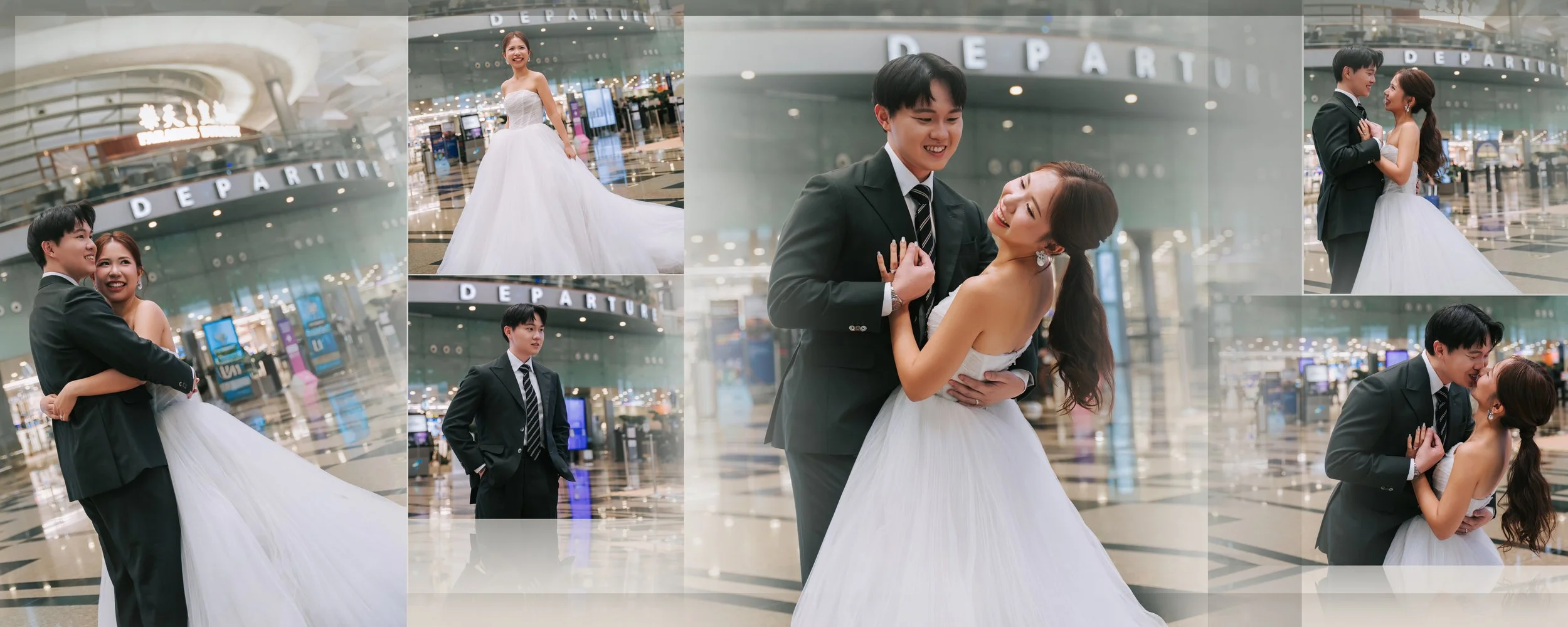 A couple in wedding attire sharing romantic moments at an airport departure hall, with the bride in a white gown and the groom in a black suit. The background features airport signage and bright lighting.