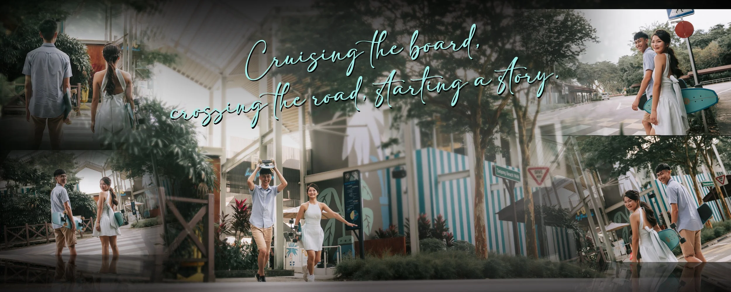 Two young couples are walking near a beach boardwalk, one of them carrying a skateboard. The scene is outdoors with trees and colorful striped buildings in the background. Text overlay says, "Cruising the board, crossing the road, starting a story."