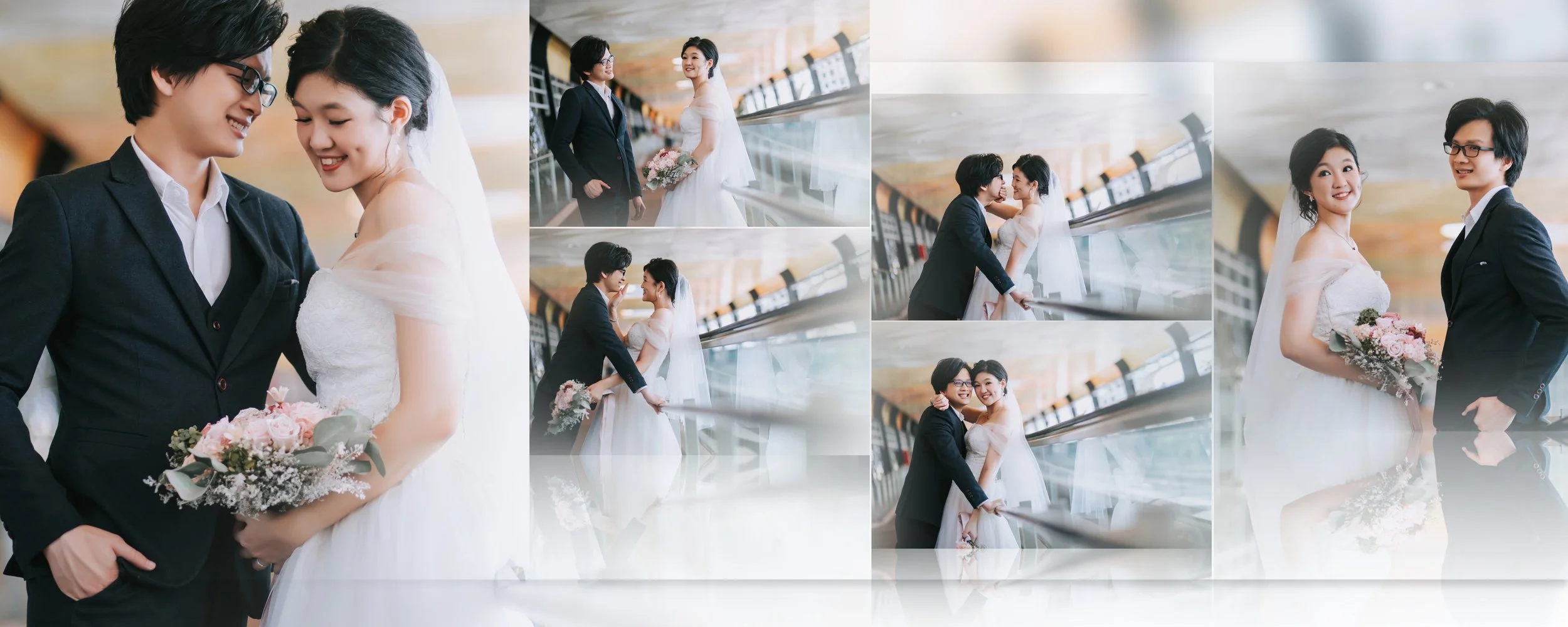 A collage of wedding photos featuring a bride and groom in a modern, glass-covered building. The couple is seen smiling, holding hands, and sharing intimate moments, with the bride holding a bouquet of pink and white flowers.