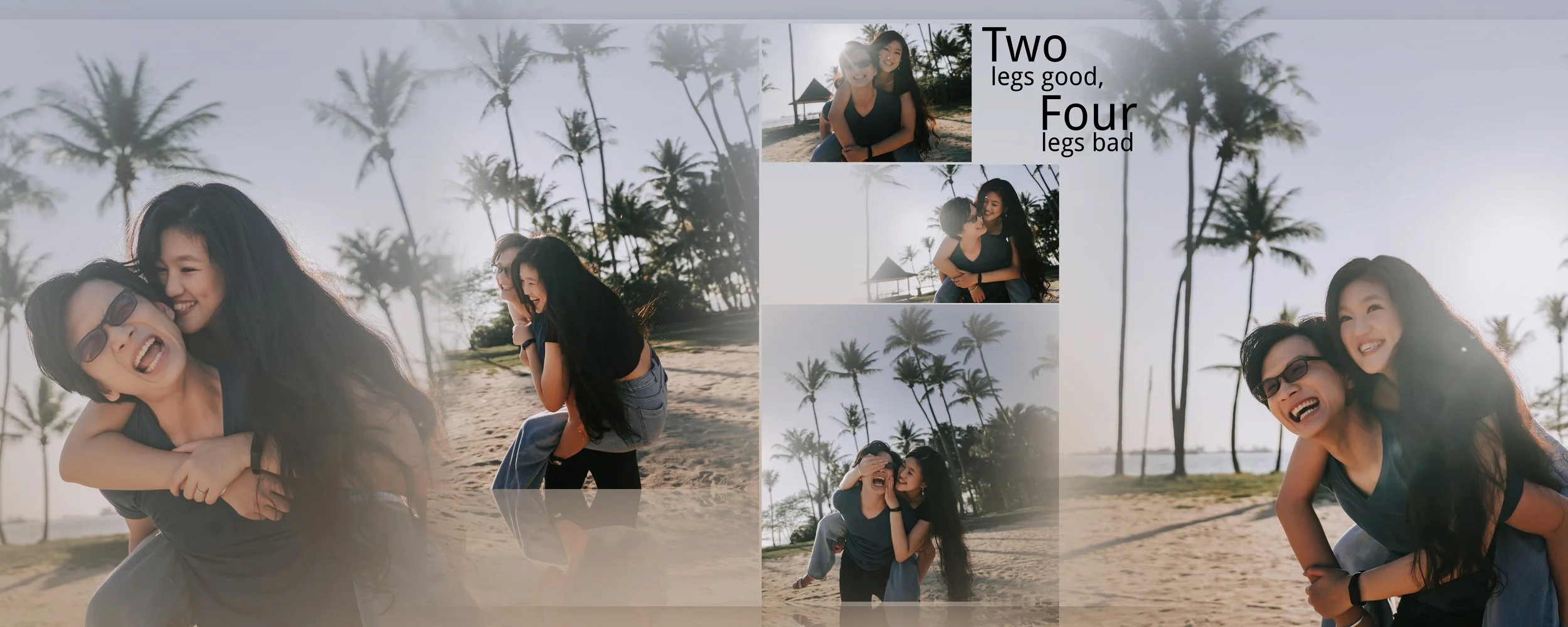 Two women on a beach enjoying a playful moment, with tall palm trees and a gazebo in the background, smiling and laughing.